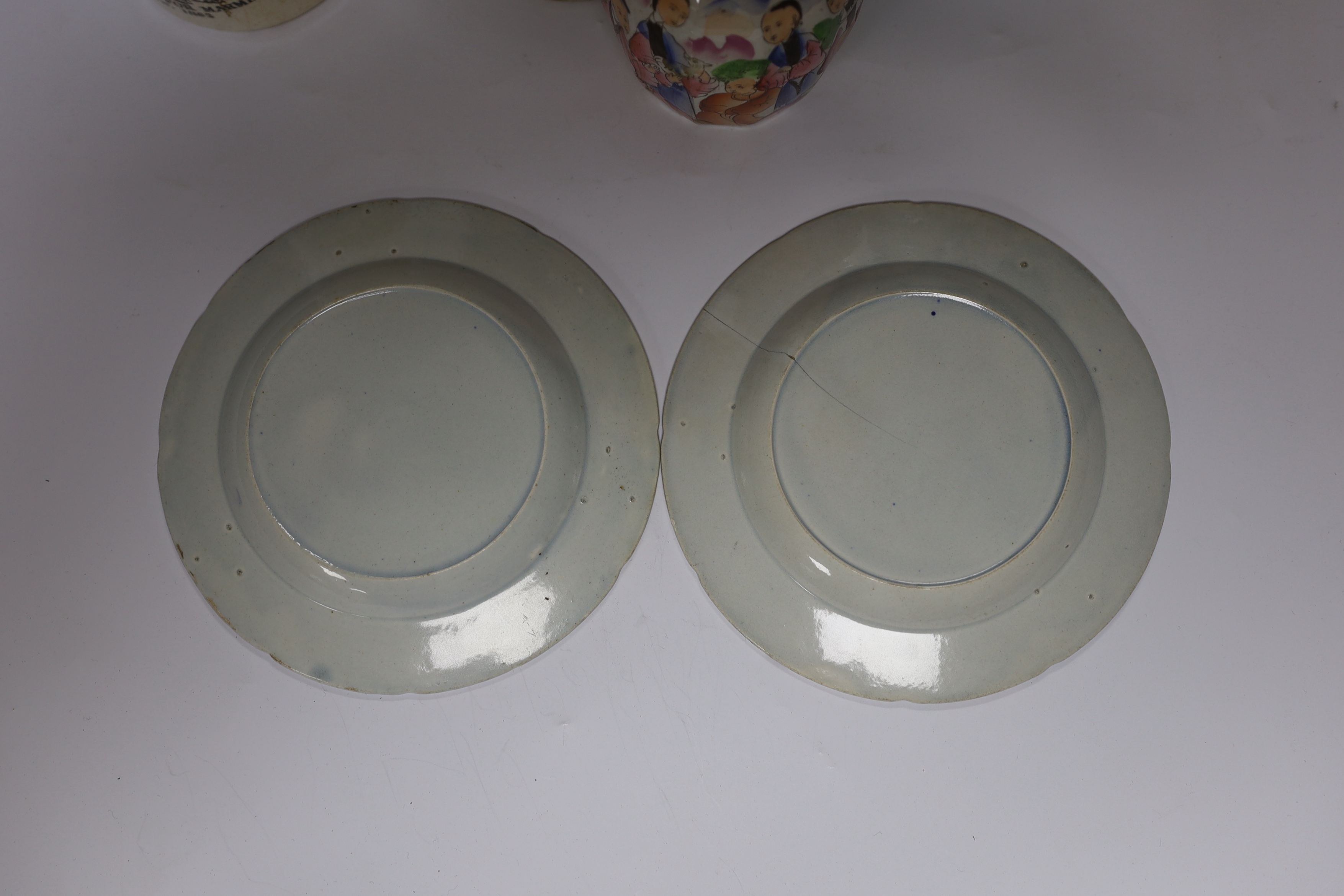 A mixed collection of porcelain to include a pair of transfer printed blue and white verse plates, Masons, Delft etc